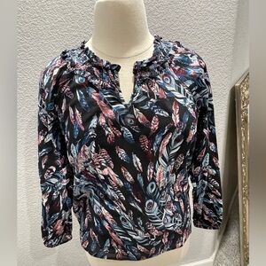 100% Cotton Popover Blouse with Multi Colored Feathers.